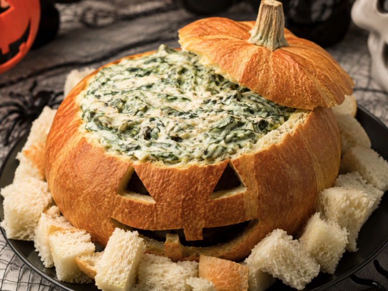 Halloween Spinach Dip Pumpkin Bread Bowl