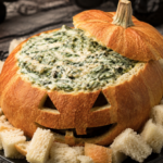 Halloween Spinach Dip f pumpkin bread bowl